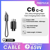 REMAX - C6 C-C Zinc Alloy Hanging Rope Type-C To Type-C PD Fast Charging Data Cable (PD65W) - Black